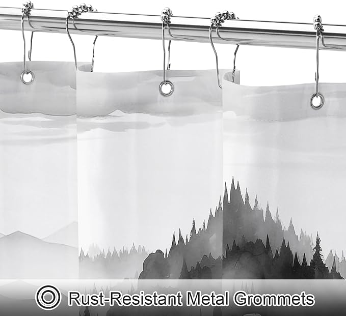 Litabel Black Long Misty Pine Forest Shower Curtain 72 x 78, Mountain Foggy Woodland Scenery Tree 78 Inch Long Shower Curtains for Bathroom, Abstract Waterproof Nature-Themed Decor