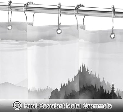 Litabel Black Small Stall Misty Pine Forest Shower Curtain 36 x 72, Mountain Foggy Woodland Scenery Tree Narrow Half Size Shower Curtains for Bathroom, Abstract Waterproof Nature-Themed Decor