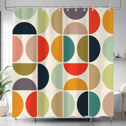 Mid Century Modern Shower Curtain, Colorful Boho Geometric Abstract Vintage Shower Curtains for Bathroom, Colorful Unique Pattern Polyester Fabric Shower Curtain Set 12 Hooks 72X72IN
