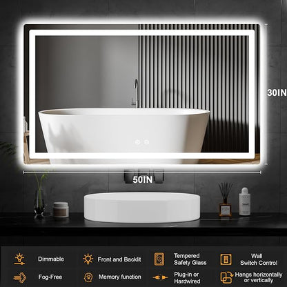 LED Bathroom Mirror with Lights, 30 x 50 Lighted Vanity Wall Mirror | Backlit and Frontlit, Anti-Fog, Dimmable 3 Colors, Shatter-Proof Tempered Glass, Memory Function, Plug-in/Hardwired