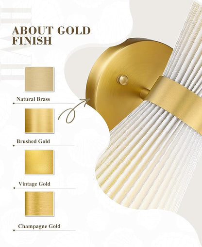 Gold Sconce Wall Lighting, HWH Single Wall Vanity Light Fixture for Living Room, Bathroom Wall Sconces with Milk White Striped Fabric Shade, Brushed Gold Finish, 5HZG97B-2W BG-FB