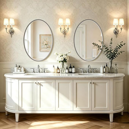 Brushed Nickel Oval Bathroom Mirror 20x28 Inch | Silver Vanity Mirror, Crystal-Clear HD Glass, Rust-Proof Aluminum Frame, Inner-Curved Decor for Bedroom, Entryway Renovation