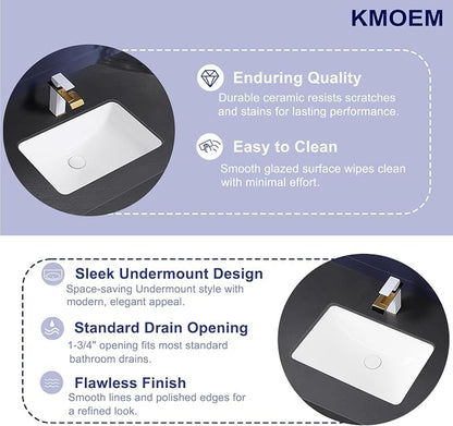 Undermount Bathroom Sink 21x15 Inch Small Bathroom Sink White Porcelain Ceramic Bathroom Under Counter Lavatory Vanity Sink Basin Rectangular Undermount Sinks with Overflow