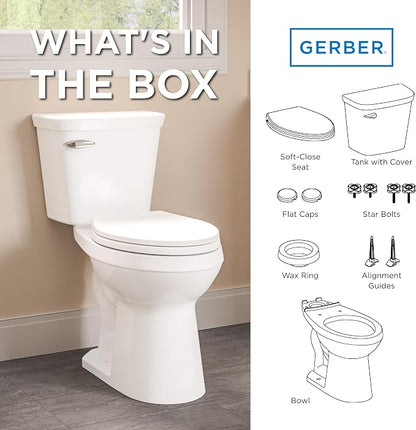 Gerber Viper Force Compact Elongated Two-Piece Toilet, Soft-Close, White | Strong flush, Space-saving design | Seat lifts off in seconds for easy cleaning | Tool-free install kit included