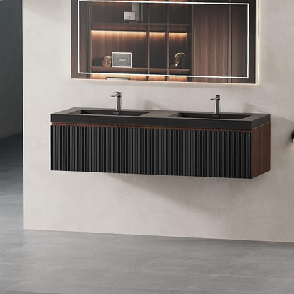 60" Floating Bathroom Vanity with Double Sink, Wall-Mounted Smoked Walnut Storage Cabinet, Wave-Textured Soft-Close Drawer & Matte Black Quartz Sand Basin
