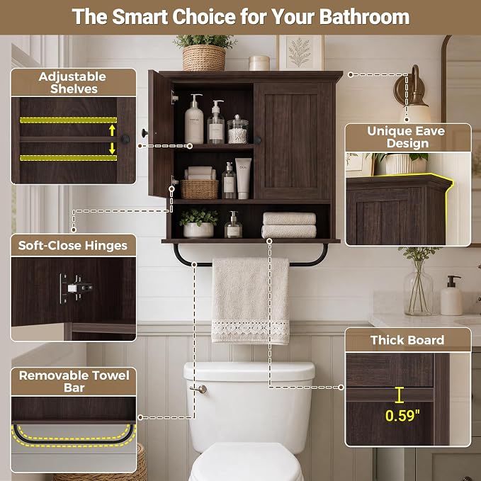 Besiost Farmhouse Bathroom Wall Medicine Cabinet with Removable Towel Bar | Over Toilet Storage Organizer, 7.9" Slim Profile, 100 Lbs Capacity, Adjustable Shelf, Soft Close Hinges Door, Black Walnut