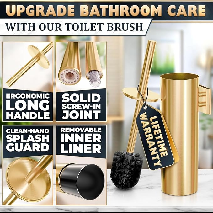 Gold Toilet Brush and Holder Set, Stainless Steel (Wall Mounted) | Toilet Brush with Holder Set, Splash Protection & Dense Bristles for Bathroom Cleaning, Strong Vacuum Suction and Holder