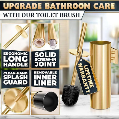 Gold Toilet Brush and Holder Set, Stainless Steel (Wall Mounted) | Toilet Brush with Holder Set, Splash Protection & Dense Bristles for Bathroom Cleaning, Strong Vacuum Suction and Holder