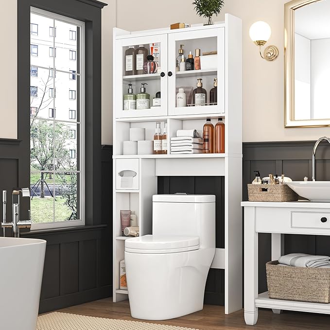 Over The Toilet Storage Cabinet with Clear Doors, Behind Toilet Organizer with Toilet Paper Holder Stand, Above Toilet Shelf, Space Saver for Bathroom, Laundry, Restroom, White