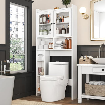 Over The Toilet Storage Cabinet with Clear Doors, Behind Toilet Organizer with Toilet Paper Holder Stand, Above Toilet Shelf, Space Saver for Bathroom, Laundry, Restroom, White