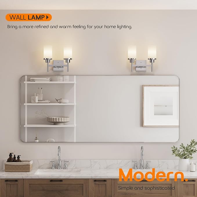Vanity Lights Polished Chrome Bathroom Light Fixtures with White Frosted Glass Shade, Double Wall Sconces for Mirror Hallway Entrance Porch T001CH-L2