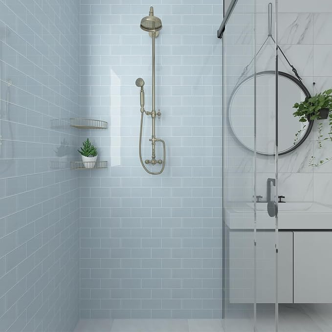 Ice Blue Glass Subway Tile, Light Blue Glass for Bathroom Kitchen Shower Backsplash Wall, 3 x 6 Inches, 4 Sq.Ft.