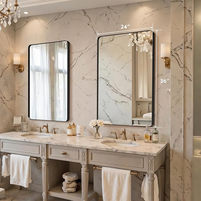 36"x24" Bathroom Vanity Mirror for Wall Aluminum Framed Farmhouse Rectangle | Anti-Rust, HD Reflection Anti-Desilvering, Distortion Free, Tempered and Shatter-Proof Wall Mounted Mirror, Black