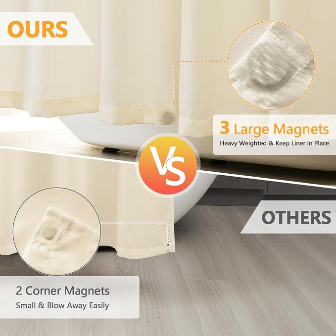 Seenus Waterproof Fabric Shower Curtain Liner with 3 Extra-Large Magnets, 72 x 72 inch Washable Cloth Shower Liner Elegant Hotel Quality, Neutral Cream Lightweight Shower Curtain for Bathroom