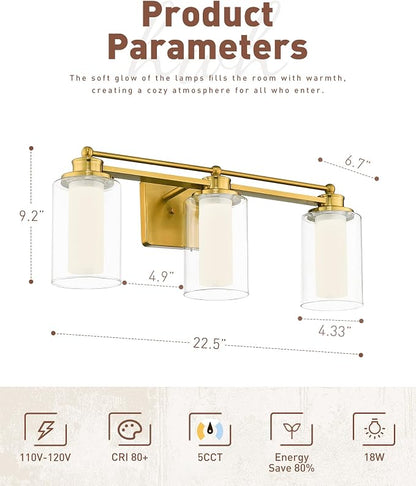 HWH 3-Light Bathroom Vanity Light, Clear Glass, Dimmable, 5HLT63B-3W-LED BG | 5CCT, Brushed Gold, 18W, Bathroom Light Fixtures Antique Brass Vanity Light, Vanity Lights, Dimmable Integrated LED Lighting