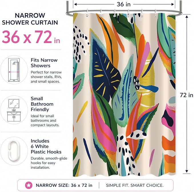 Colorful Abstract Shower Curtain, Floral Boho Modern Asthetic Plant Bathroom Curtain, Waterproof Polyester Fabric Shower Curtain Set with Hooks 36x72 Inch