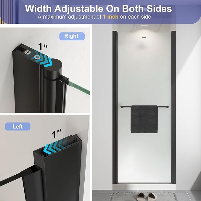 30"-32" W x 72" H Frameless Pivot Frosted Shower Door Matte Black | 1/4"(6mm) SGCC Tempered Glass with Explosion-Proof Film &Nano Coating,Customizable Width