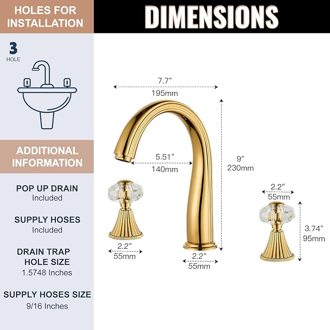 Gold Crystal 3 Hole Sink Vanity 8 Inch Brass 2 Handles 2 Tone Widespread Modern Unique Bathroom Faucets Sets, Antique Lavabo Faucet, Vintage Lavatory Vessel Luxury Mixer Tap with Pop up Drain