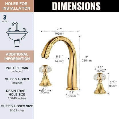 Gold Crystal 3 Hole Sink Vanity 8 Inch Brass 2 Handles 2 Tone Widespread Modern Unique Bathroom Faucets Sets, Antique Lavabo Faucet, Vintage Lavatory Vessel Luxury Mixer Tap with Pop up Drain