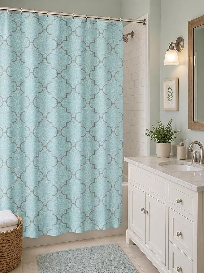 Serafina Home Geometric Aqua Fabric Shower Curtain, Blue Grey Damask Moroccan Design, 70x72 Inch, with 12 Rollerball Hooks