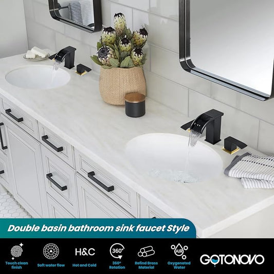 gotonovo Waterfall 8 inch Widespread Bathroom Faucet Set Bathroom Sink Faucet 3 Hole 2 Handle Vanity Lavatory Deck Mount with Pop Up Drain and Water Supply Lines Square Body Matte Black & Brushed Gold