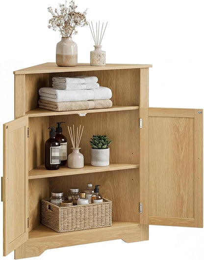 Smuxee Bathroom Corner Cabinet, Floor Corner Storage Cabinet with Fluted Door and Adjustable Shelf, Wooden Narrow Cabinet Organizer for Bathroom, Kitchen, Living Room