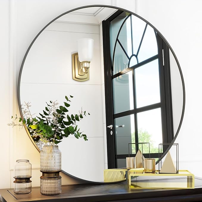 Black Round Bathroom Mirror 30", Thin Metal Frame Wall Mirror | Circle Vanity Mirror for Over Sink, Hanging or Leaning Decor for Hallway, Entryway, Fireplace Mantel, Living Room