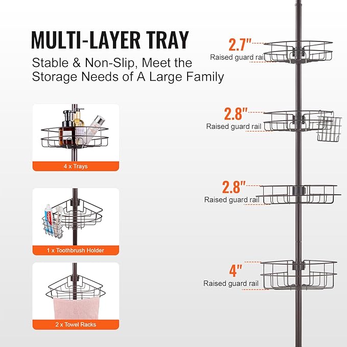 VEVOR Corner Shower Caddy Tension Pole, 4 Tier Adjustable Rustproof Organizer Shelves for Bathroom & Washroom, 42-114inch High, Bronze