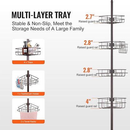 VEVOR Corner Shower Caddy Tension Pole, 4 Tier Adjustable Rustproof Organizer Shelves for Bathroom & Washroom, 42-114inch High, Bronze