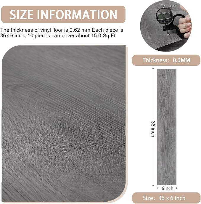 Peel and Stick Floor Tile Wood Plank Look, Self-Adheisve Vinyl Flooring | Grey, 10-Pack 14.5 Sq.Ft, Floor Tiles Peel and Stick Waterproof for Bathroom Kitchen RV Renter, 36x6inch