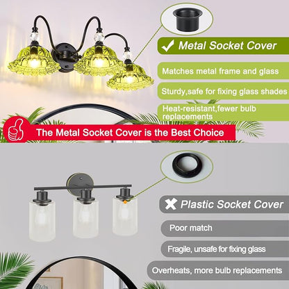 Vintage Bathroom Vanity Light Fixtures 3 Lights Matte Black Vanity Lights for Bathroom with Floral Green Crystal Glass Shades Vanity Wall Lights for Mirror Bedroom Living Room Hallway