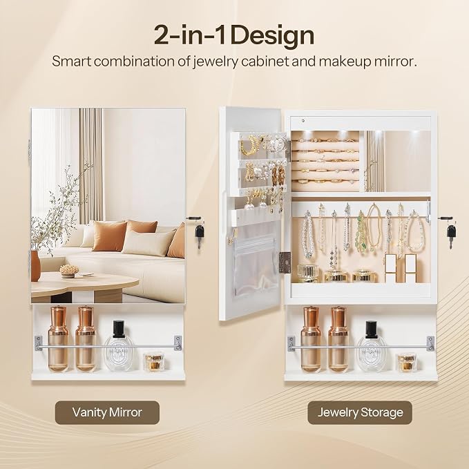 HOOBRO Wall Mounted Jewelry Cabinet, LED Jewelry Armoire with Interior Mirror, Hanging Jewelry Organizer for Wall, Lockable Jewelry Storage Cabinet, 3.9 x 11.8 x 20.9 Inches, White