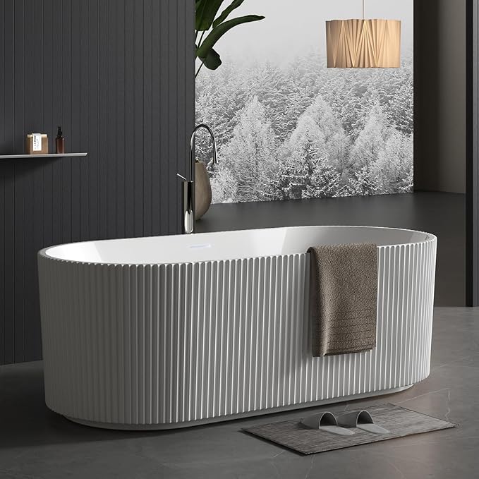 59" Modern V-Shape Freestanding Bathtub - Gloss White Acrylic Soaker with Pleated Design, Chrome Drain & Overflow,Cupc Certified,Gloss White