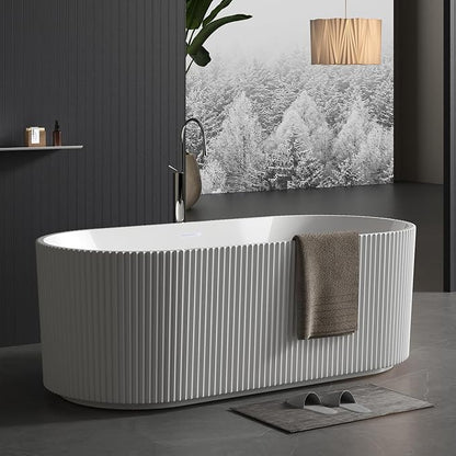 67" Freestanding Bathtub, Acrylic Soaking Tub with V Shape Pleated Design, Chrome Drain & Classic Slotted Overflow, CUPC Certified, Gloss White for Modern Bathroom