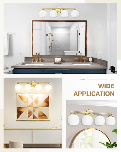 Emak Modern Gold Bathroom Light Fixtures Over Mirror, 4 Light Bathroom Vanity Light with Milk Glass Shade, 29 Inch Globe Vanity Lights for Bathroom, Mirror, VL114-GD-ML-4