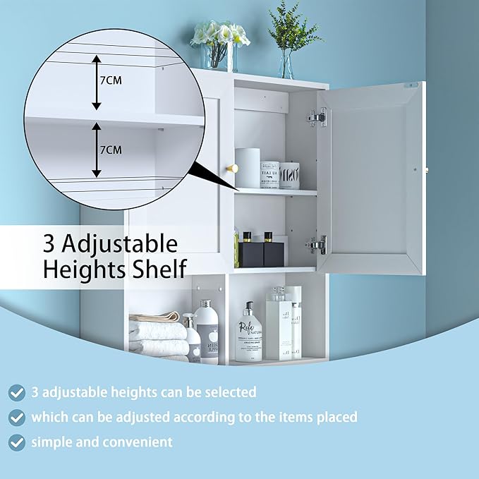 Bathroom Wall Cabinet, Medicine Cabinet with 2 Door and Adjustable Shelves,3-Tier Wood Hanging Storage Over The Toilet,White Wall Mounted Cabinet for Bathroom, Kitchen,Laundry Room