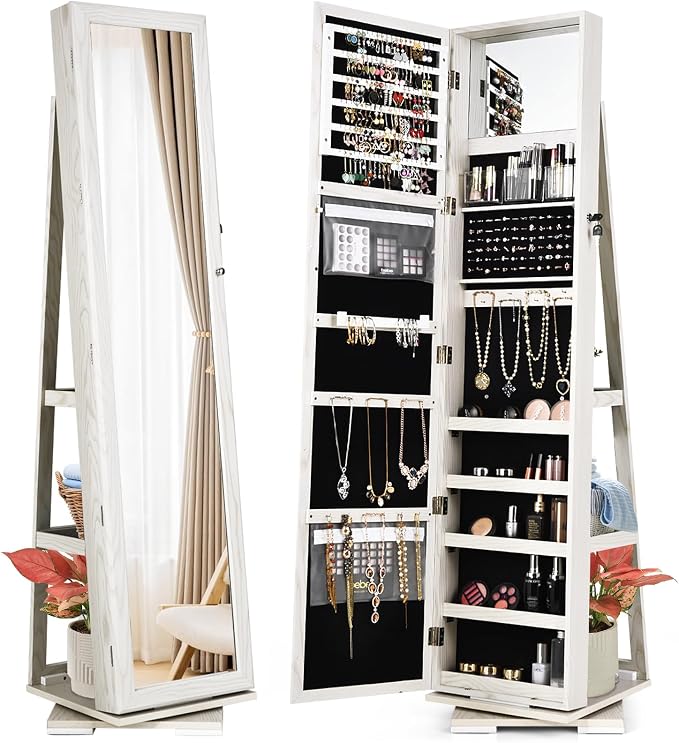 GOFLAME 360° Rotating Jewelry Armoire, Lockable Jewelry Cabinet with Full-Length Mirror & Inner Makeup Mirror, Standing Jewelry Storage Organizer with Rear Storage Shelves, White