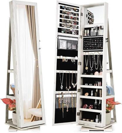 GOFLAME 360° Rotating Jewelry Armoire, Lockable Jewelry Cabinet with Full-Length Mirror & Inner Makeup Mirror, Standing Jewelry Storage Organizer with Rear Storage Shelves, White