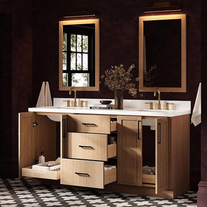 ARIEL Loren 72-inch Bathroom Vanity with Sink,Solid Wood, 1.5-inch Pure White Quartz Countertop, Double Rectangular Porcelain Sink, 4 Soft Closing Doors, 3 Dovetail Drawers, Natural Oak