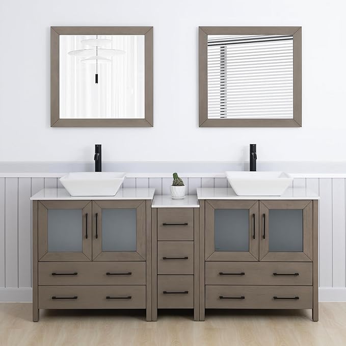 Vanity Art 72 Inch Vessel Double Sink Bathroom Vanity Cabinet with 2 Mirrors, Engineered Marble Top Bathroom Cabinet Compact Set with 7 Dovetail Drawers and Soft Closing Doors, VA3130-72DG