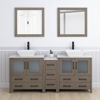 Vanity Art 72 Inch Vessel Double Sink Bathroom Vanity Cabinet with 2 Mirrors, Engineered Marble Top Bathroom Cabinet Compact Set with 7 Dovetail Drawers and Soft Closing Doors, VA3130-72DG