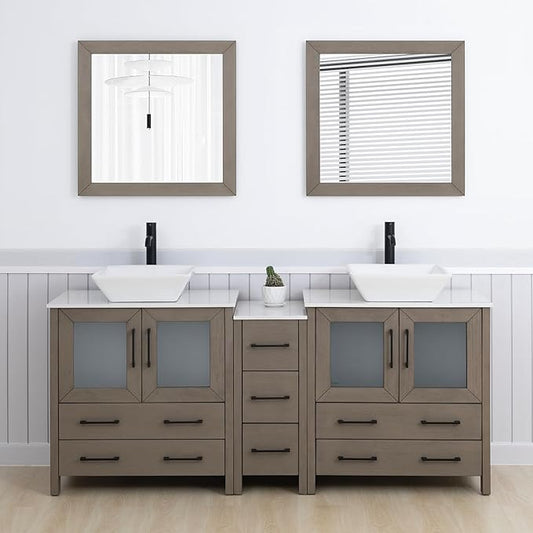 Vanity Art 72 Inch Vessel Double Sink Bathroom Vanity Cabinet with 2 Mirrors, Engineered Marble Top Bathroom Cabinet Compact Set with 7 Dovetail Drawers and Soft Closing Doors, VA3130-72DG