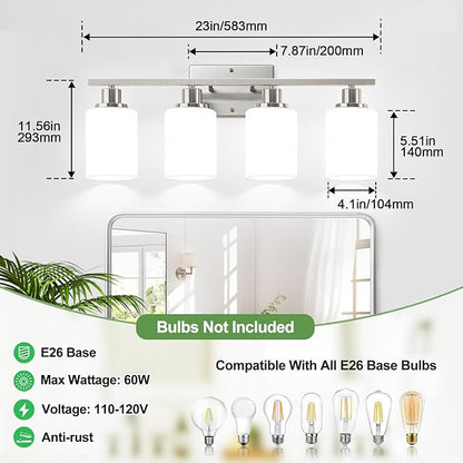 4-Light Bathroom Light Fixtures, Brushed Nickel Vanity Lights with Milk Glass Shades, Modern Bathroom Wall Lamp for Mirror Living Room Bedroom Porch