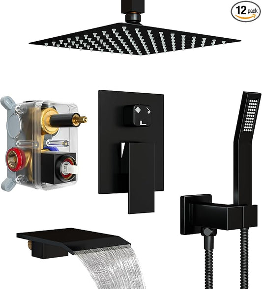 Shower System with 10-Inch Rain Head and Tub Spout | All-Metal Tub Shower Faucet Set, Ceiling Mount Rain Showerhead, Handheld Spray, Includes Valve and Trim Kit, Matte Black