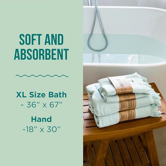 Sand Cloud Turkish Premium Bath Towels for Bathroom - Large, Set of 4 | 100% Certified Organic Turkish Cotton Yarn - Lightweight, Soft & Absorbent - Dry Faster & Cleaner - Terra Seaglass