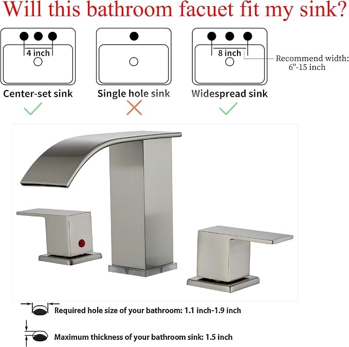 Brushed Nickel Bathroom Sink Faucet 3 Hole, Widespread Vanity faucets with LED Waterfall Modern 3 Hole Faucet for Bathroom Sink pop-up Drain Touch on 2 Handle (Brushed Nickel)