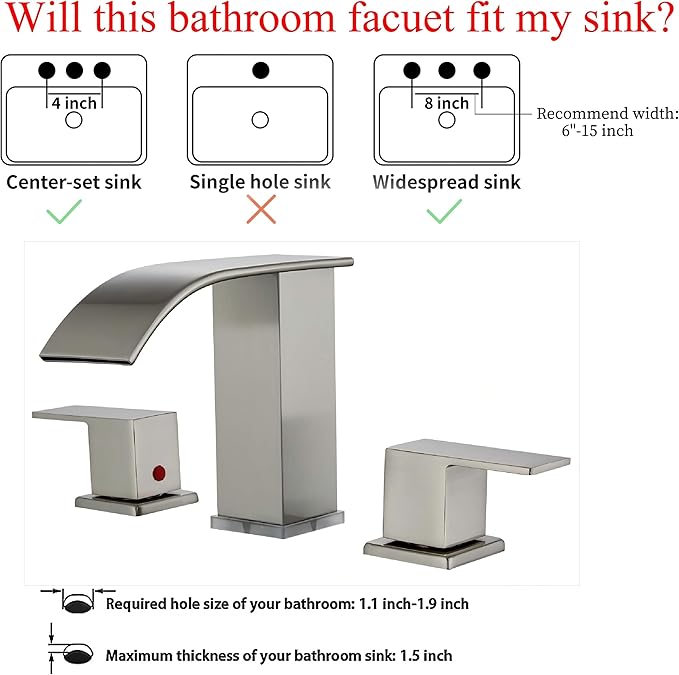 Brushed Nickel Bathroom Sink Faucet 3 Hole, Widespread Vanity faucets with LED Waterfall Modern 3 Hole Faucet for Bathroom Sink pop-up Drain Touch on 2 Handle (Brushed Nickel)