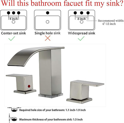 Brushed Nickel Bathroom Sink Faucet 3 Hole, Widespread Vanity faucets with LED Waterfall Modern 3 Hole Faucet for Bathroom Sink pop-up Drain Touch on 2 Handle (Brushed Nickel)