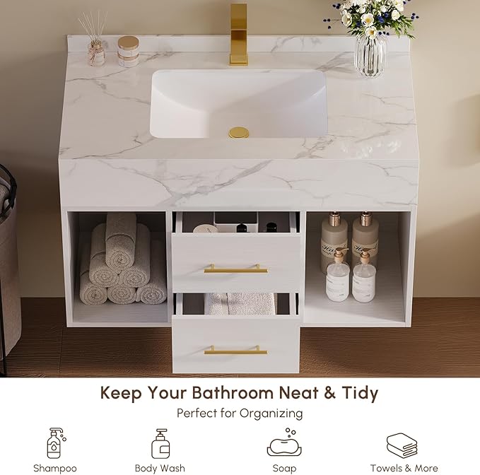 KunMai 35.4" White Floating Bathroom Vanity with Sink – Modern Wall Mounted Bathroom Cabinet with Sintered Stone Countertop, Soft-Close Drawers, Space-Saving Vanity for Small Bathrooms