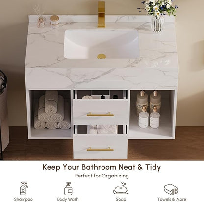 KunMai 35.4" White Floating Bathroom Vanity with Sink – Modern Wall Mounted Bathroom Cabinet with Sintered Stone Countertop, Soft-Close Drawers, Space-Saving Vanity for Small Bathrooms